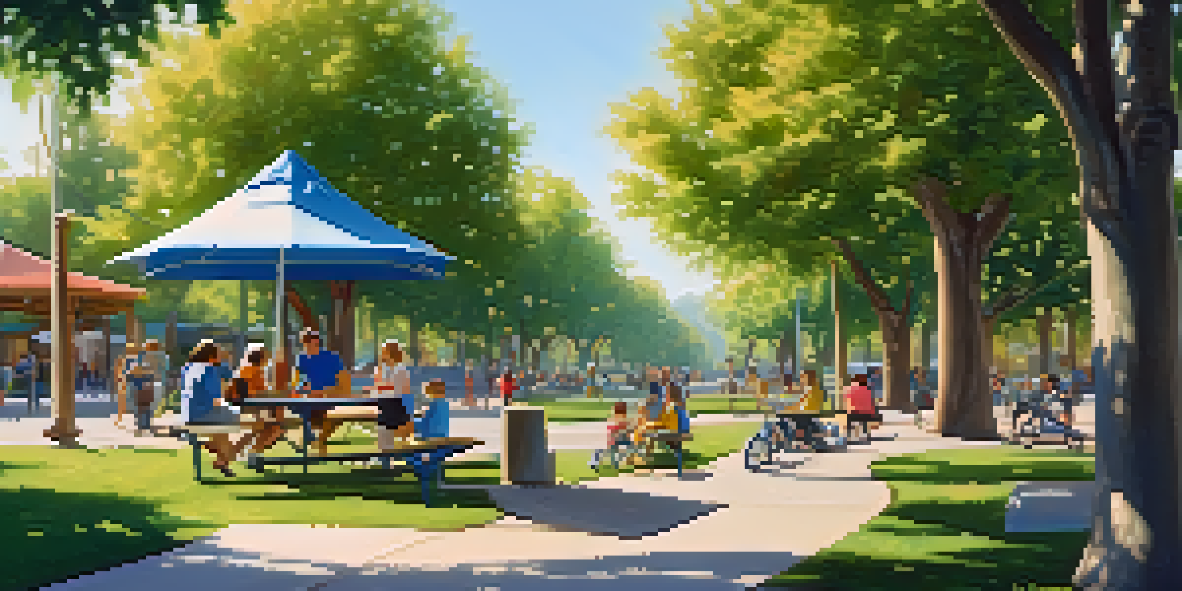 A peaceful park scene with families having a picnic, lush grass, and a playground in the background under warm sunlight.