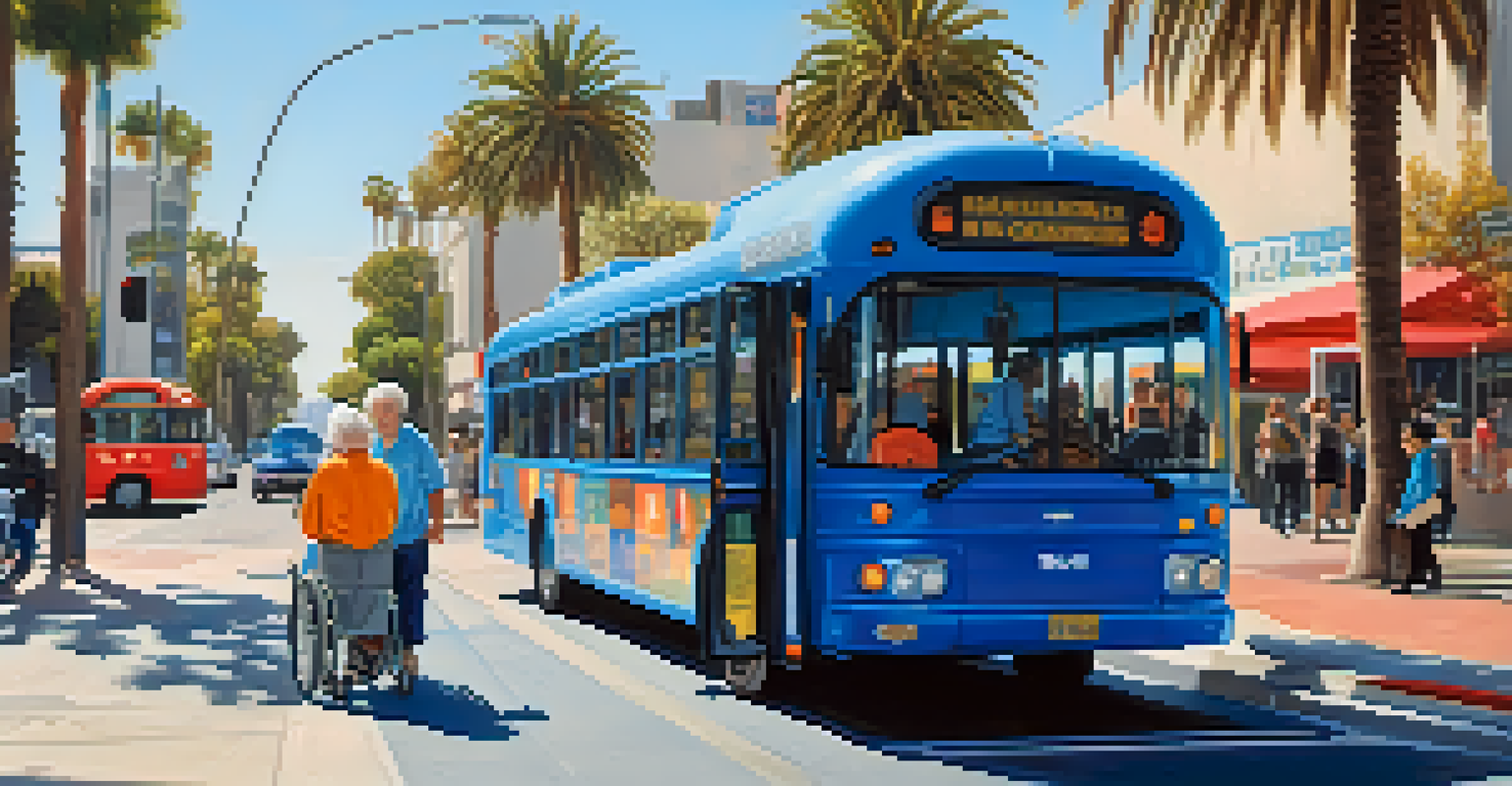 An elderly woman boarding a blue bus with a friendly driver in Santa Monica.