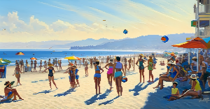 A historical beach scene depicting residents playing volleyball and enjoying the sun in Santa Monica, with the pier in the background.