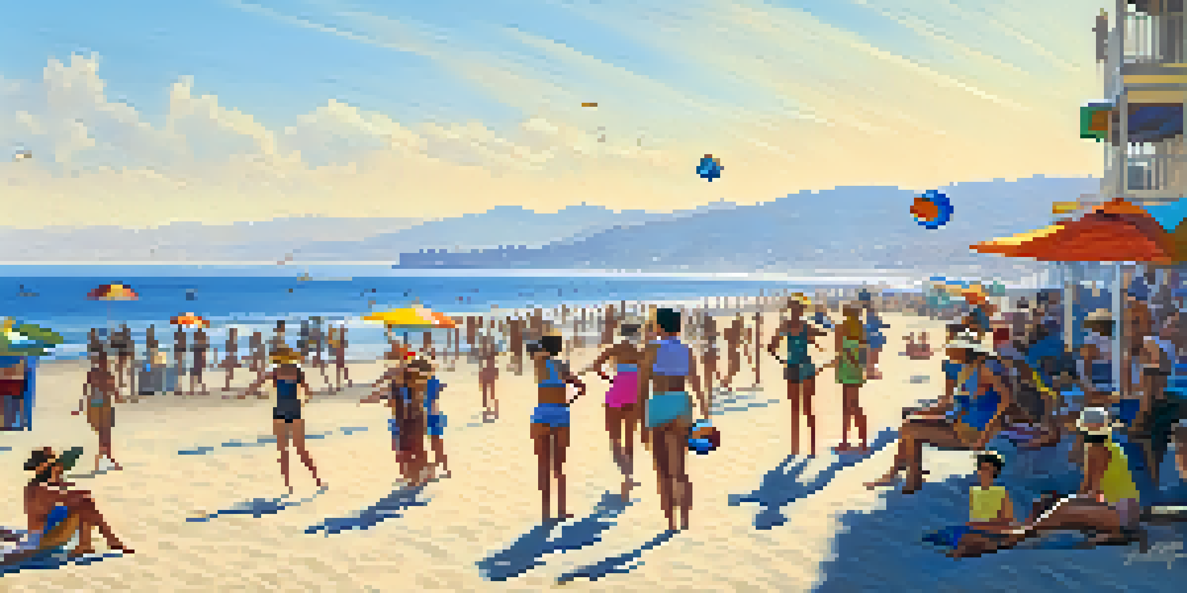A historical beach scene depicting residents playing volleyball and enjoying the sun in Santa Monica, with the pier in the background.