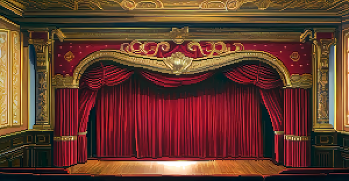 Interior of a historic theater in Santa Monica with red velvet curtains, golden accents, and an audience in anticipation.