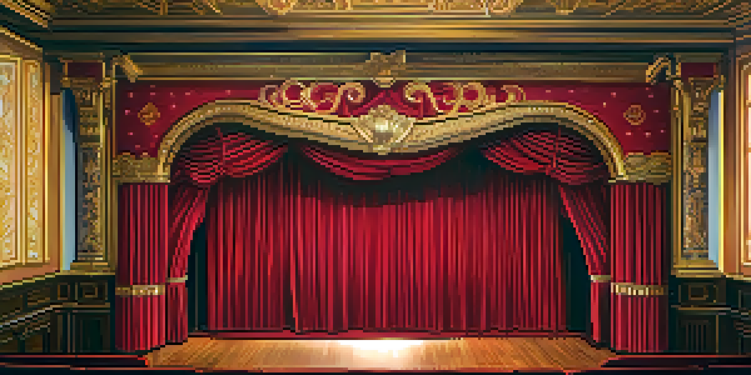 Interior of a historic theater in Santa Monica with red velvet curtains, golden accents, and an audience in anticipation.