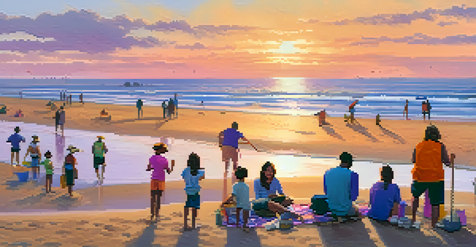 A sunset view of Santa Monica Beach, with people participating in a clean-up and a family having a picnic.