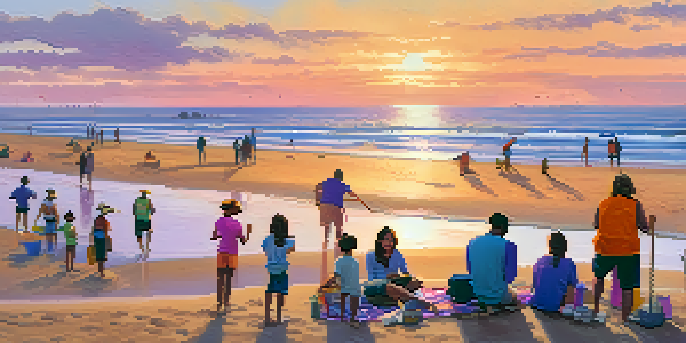 A sunset view of Santa Monica Beach, with people participating in a clean-up and a family having a picnic.