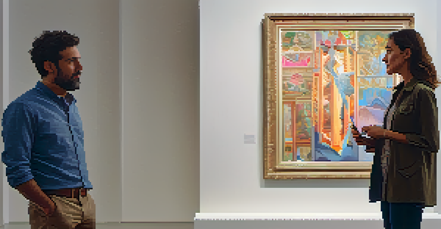 A curator discussing artwork with an artist in a well-lit gallery, capturing collaboration and mentorship.