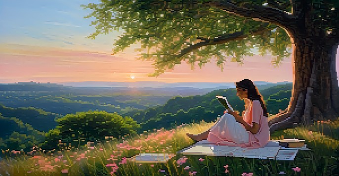 A couple sitting under a tree, studying astrological charts together during sunset, surrounded by greenery and flowers.