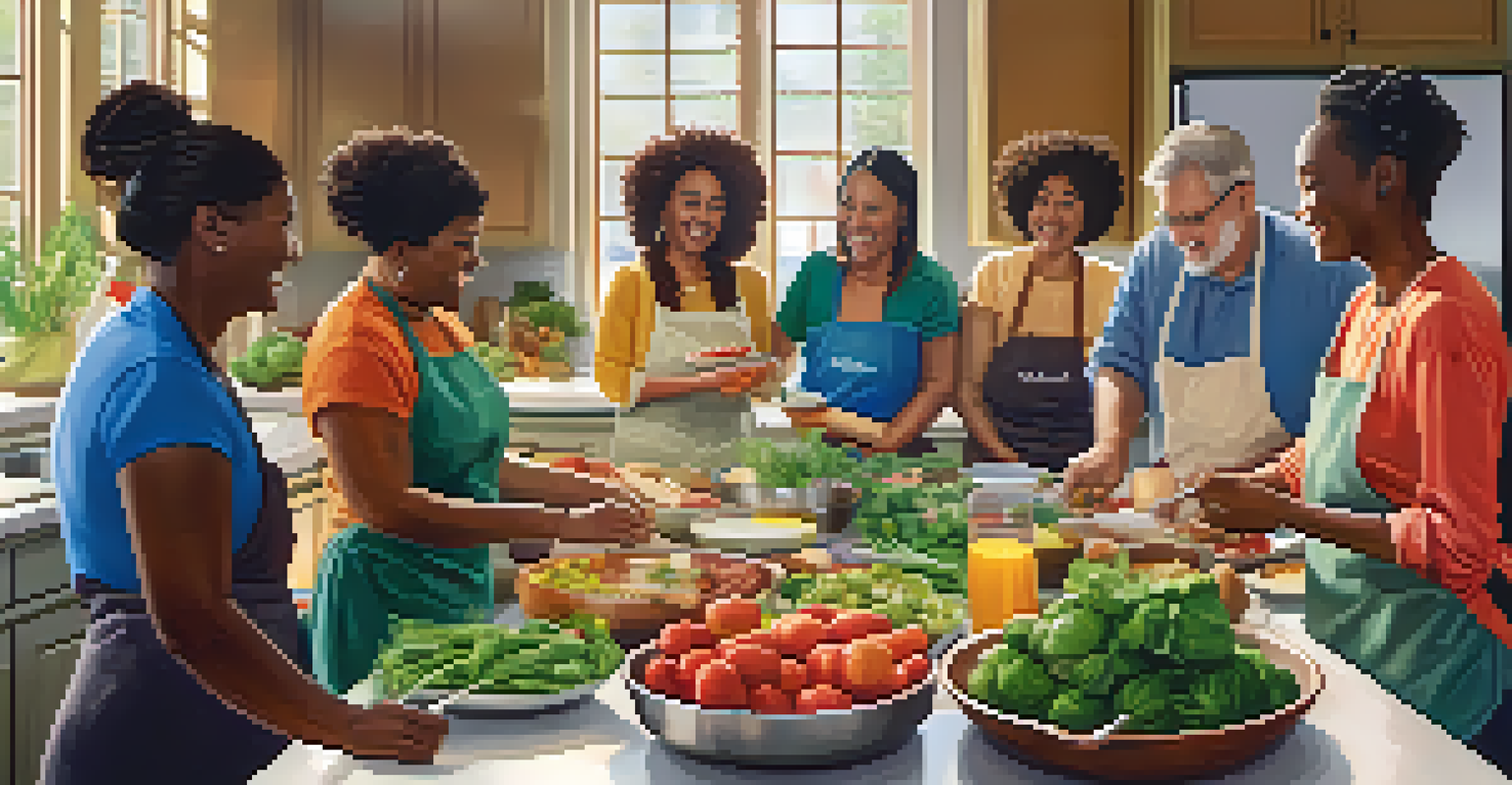 Participants in a community cooking class, actively engaged in preparing healthy meals with fresh ingredients on the table.