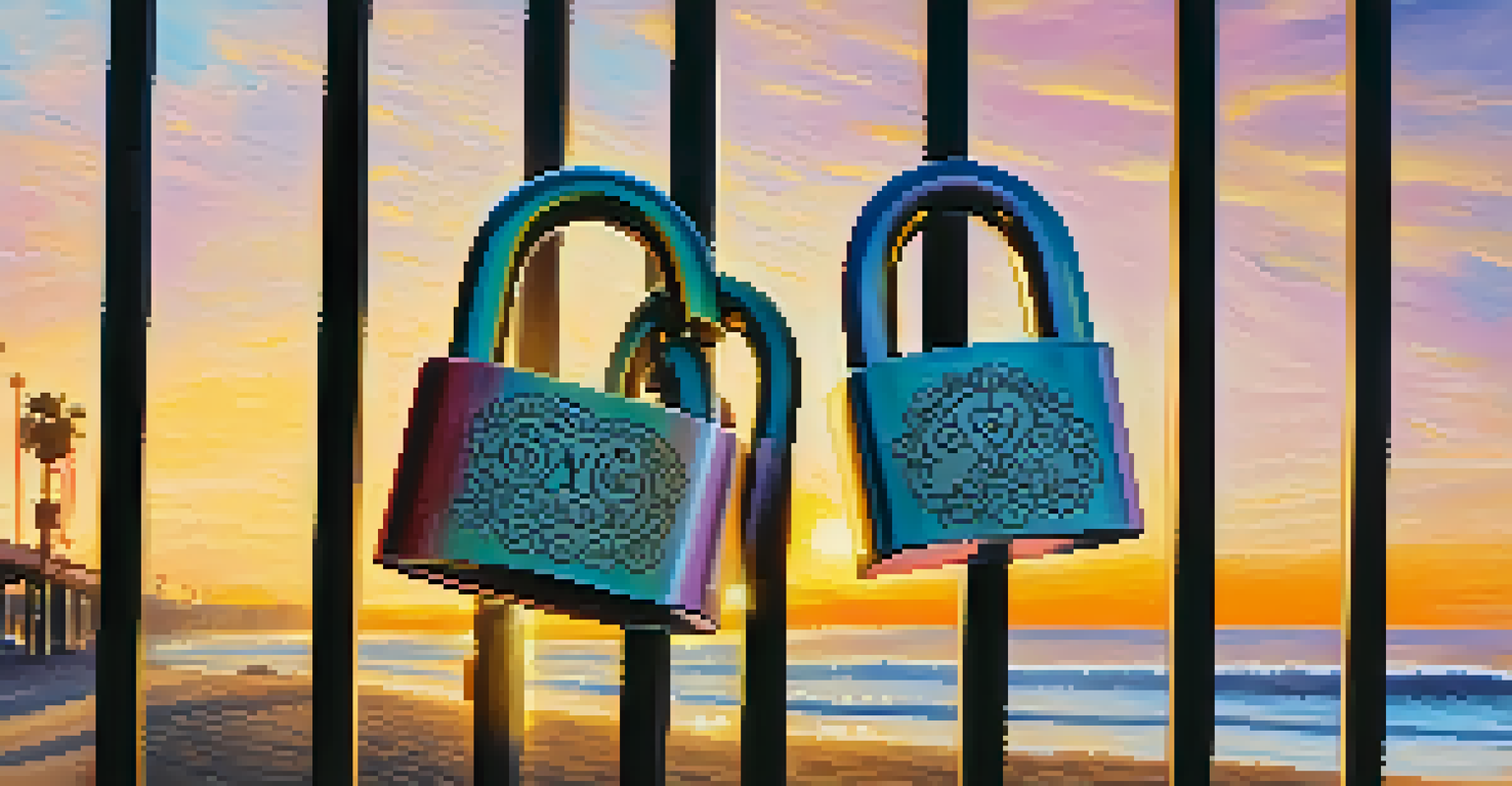 Close-up of the 'Love Lock' installation in Santa Monica, with colorful padlocks attached to a decorative fence against a beach sunset.