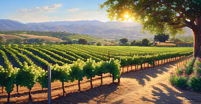 A family-friendly vineyard with families enjoying activities like grape stomping and wine tasting under a sunny sky.