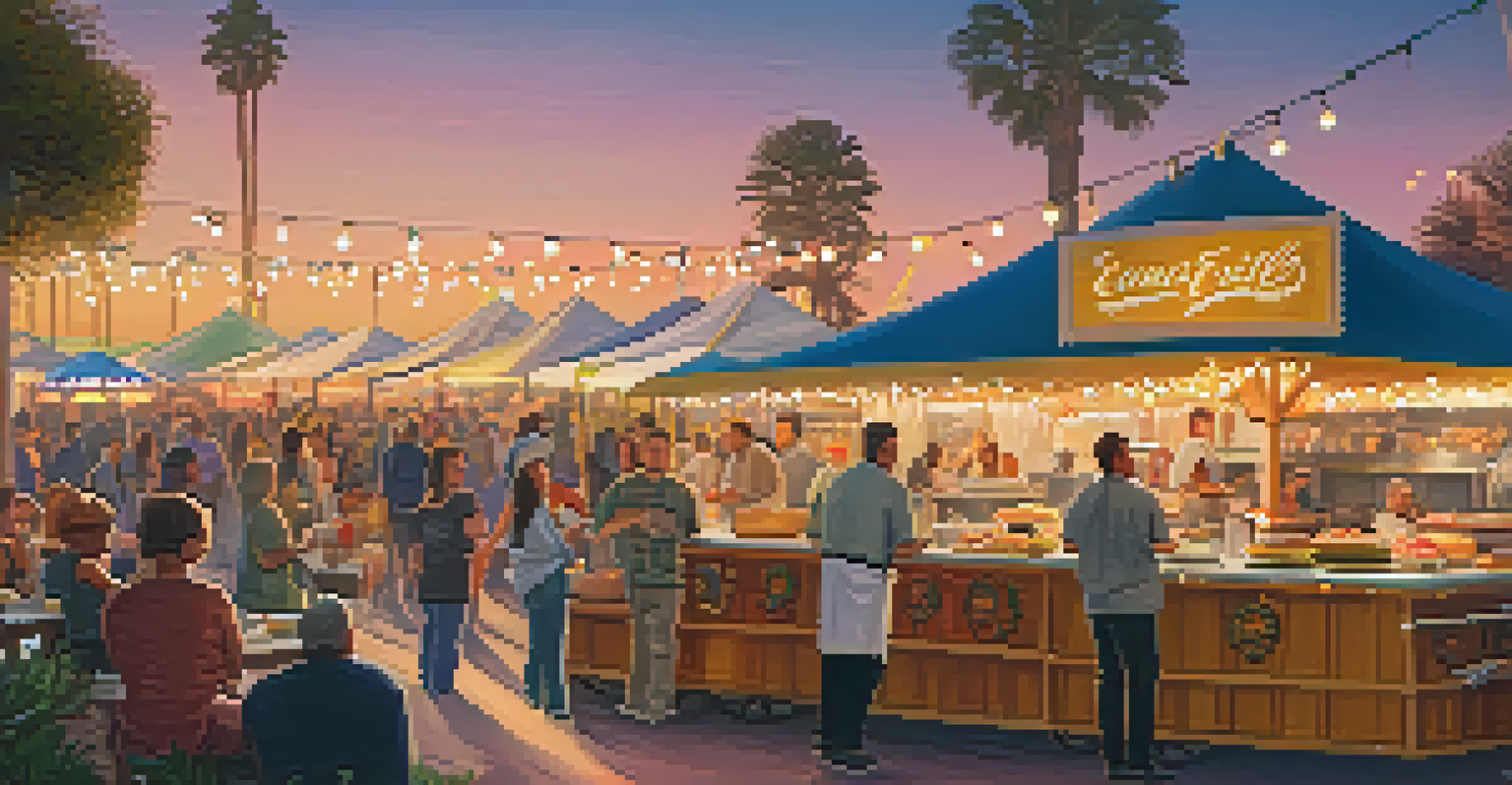 A lively culinary festival in Santa Monica with food stalls, guests sampling dishes, and live music under a sunset.