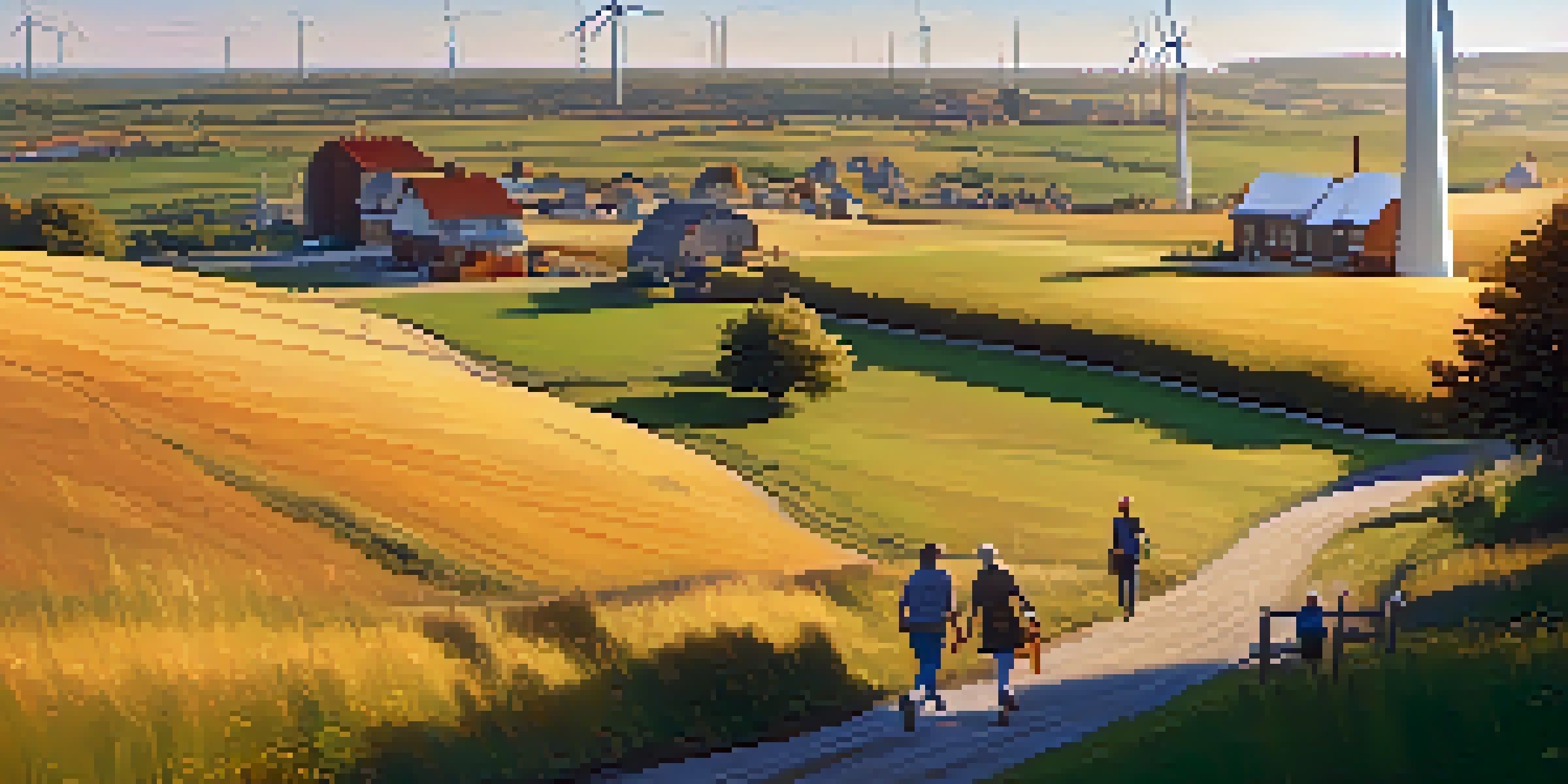 A small town with modern wind turbines under a sunset, showcasing engaged residents involved in community activities.