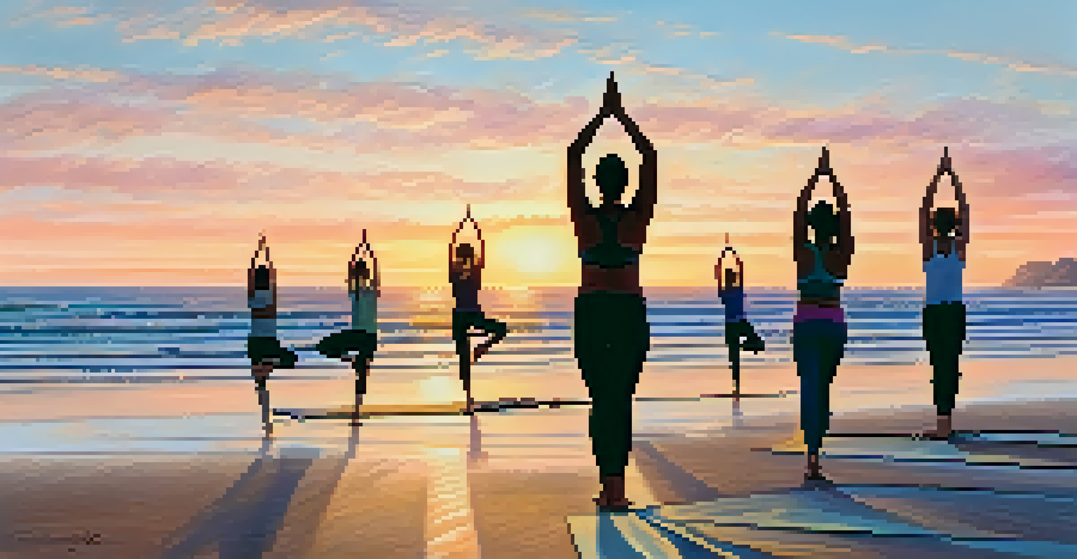 Participants practicing yoga on the beach at sunrise, with ocean waves and a pastel sky in the background.