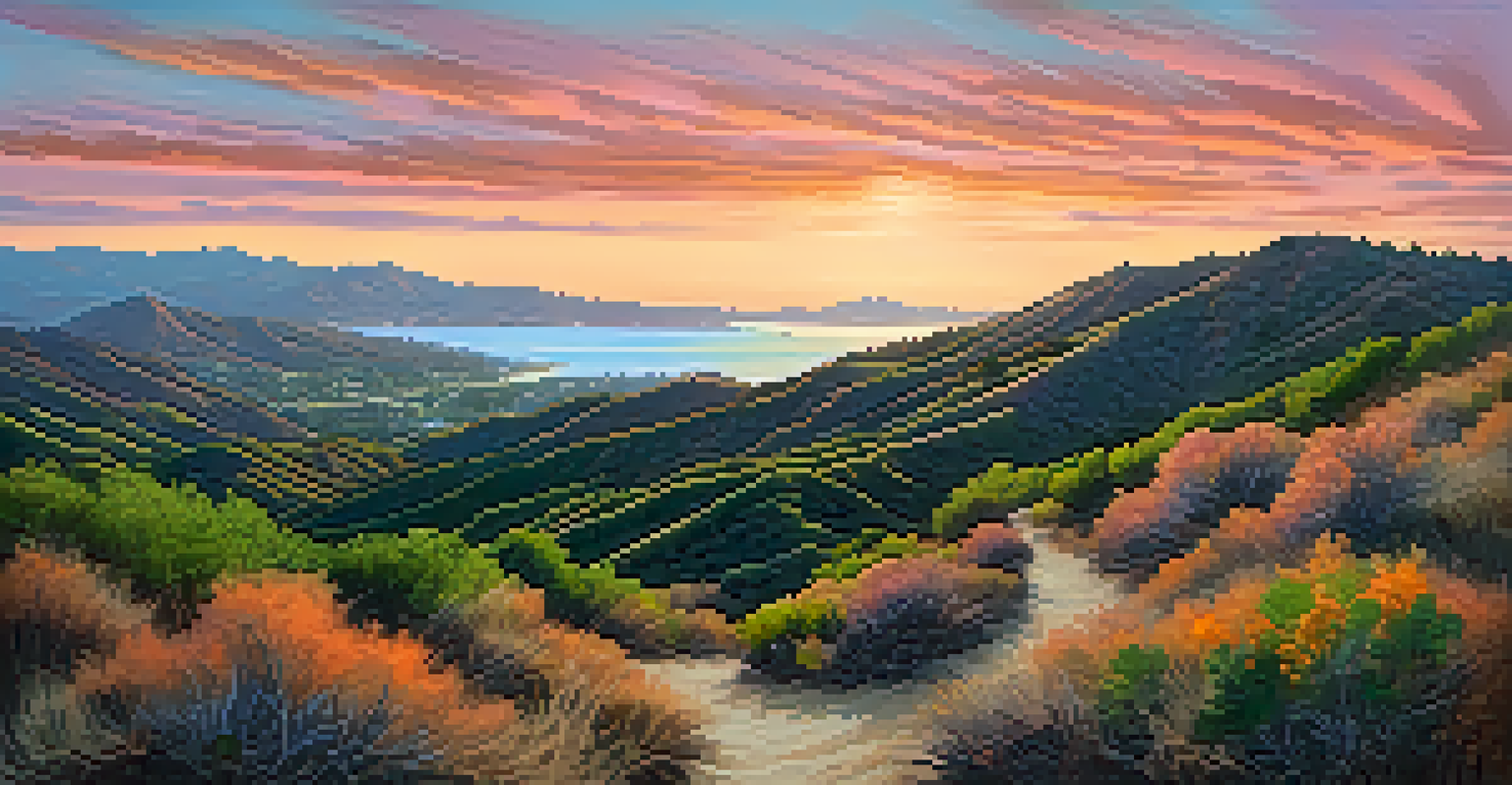 A scenic sunset view of the Santa Monica Mountains with lush greenery and a winding hiking trail.