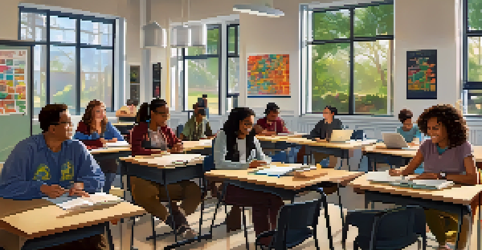 A classroom with adult learners attending a workshop, with bright natural light and a diverse group of students.