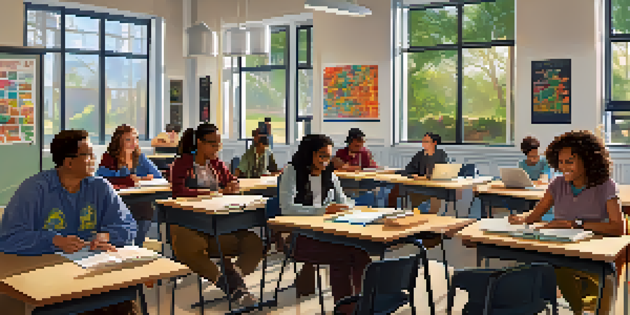 A classroom with adult learners attending a workshop, with bright natural light and a diverse group of students.