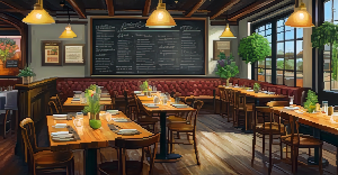 A farm-to-table restaurant with a wooden table filled with seasonal vegetables and organic ingredients under warm lighting.