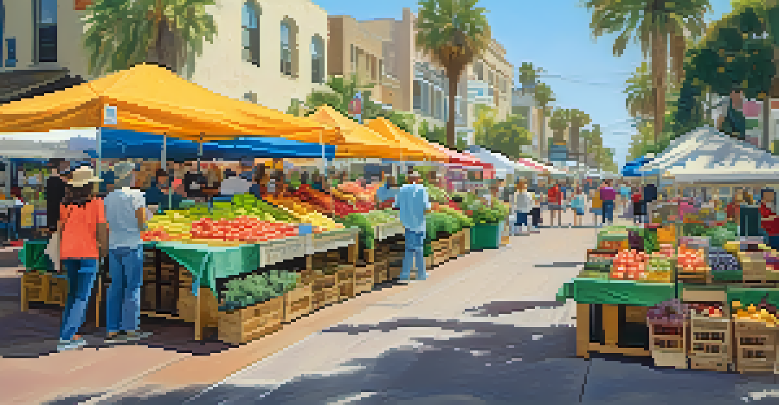 A lively Santa Monica farmer's market with vendors and shoppers, filled with fresh produce and community spirit.