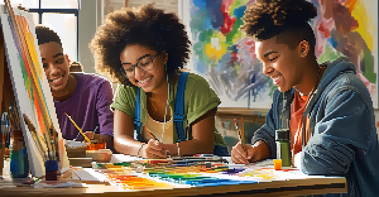 Teenagers collaborating on an art project, showcasing creativity and friendship in a bright workspace.