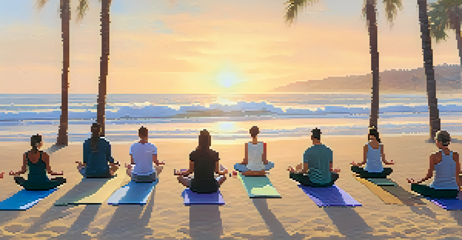 Individuals practicing yoga on the beach at Santa Monica with ocean waves in the background.