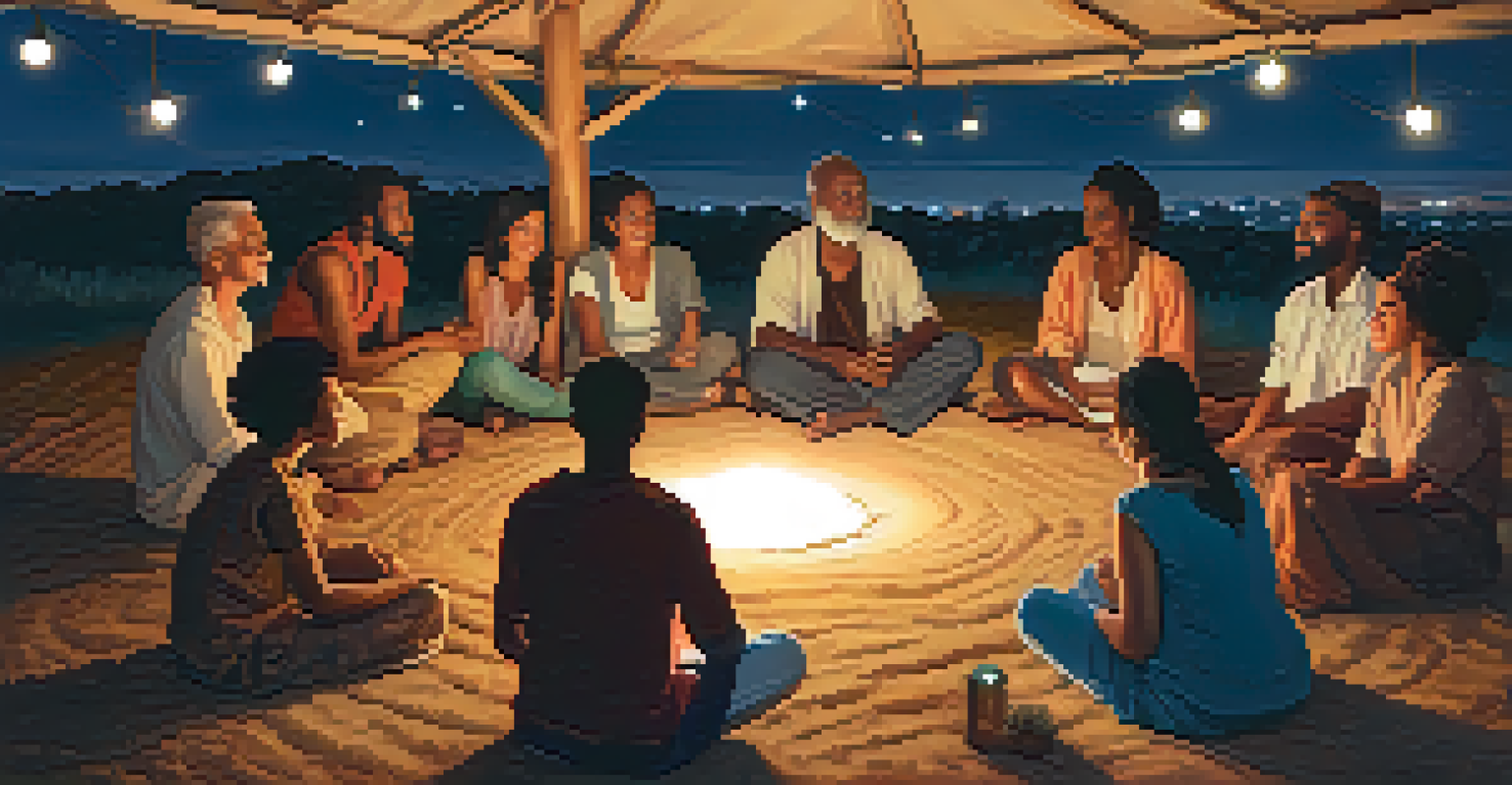 A group of diverse individuals sitting in a circle under the stars, sharing astrological insights and experiences.