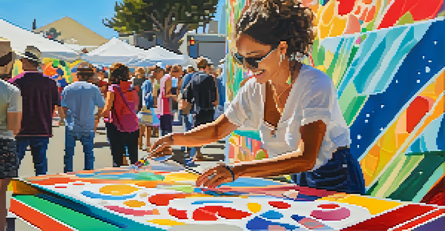An artist painting a colorful mural at the Santa Monica festival, with wine glasses and gourmet food in the background.