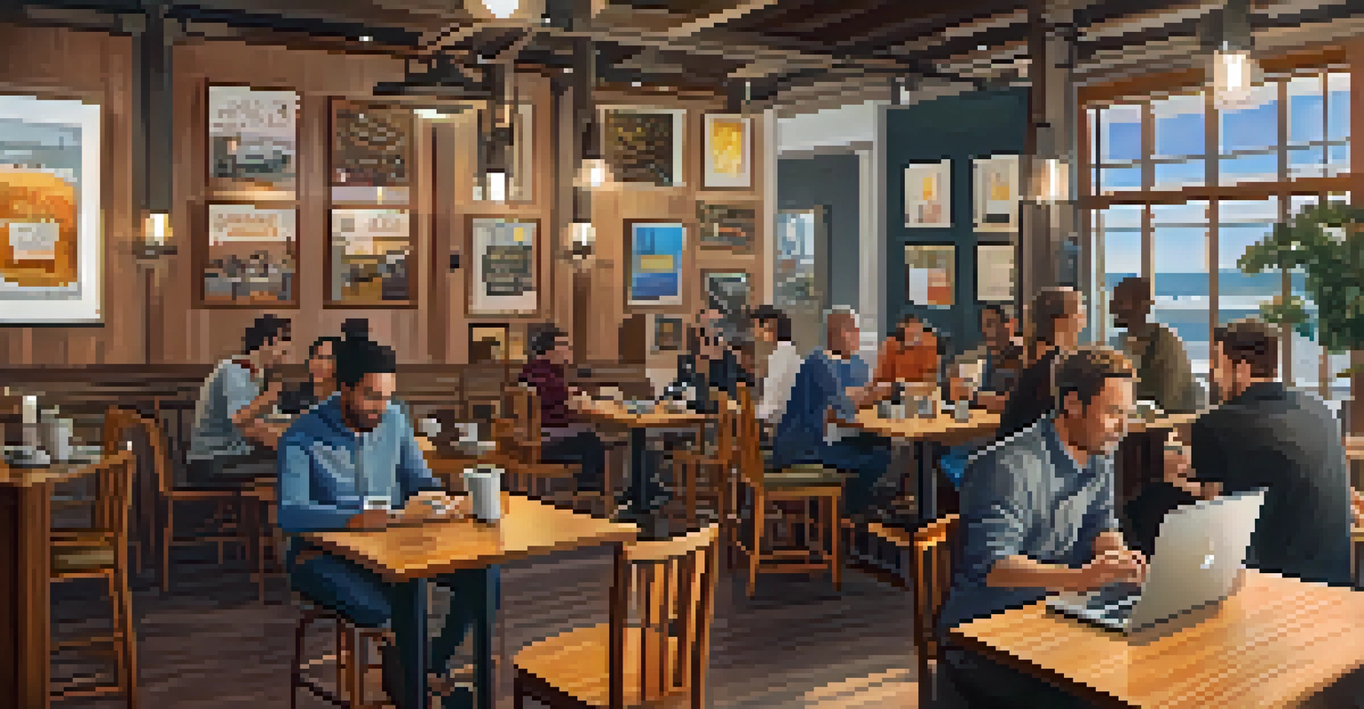 A cozy café in Santa Monica with podcasters discussing ideas around a table, featuring wooden furniture and warm lighting.