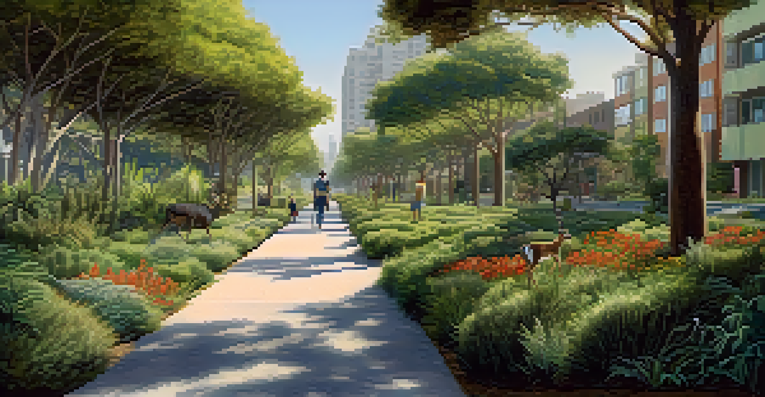 A wildlife corridor in Santa Monica with native plants and deer crossing, illustrating conservation efforts in an urban setting.