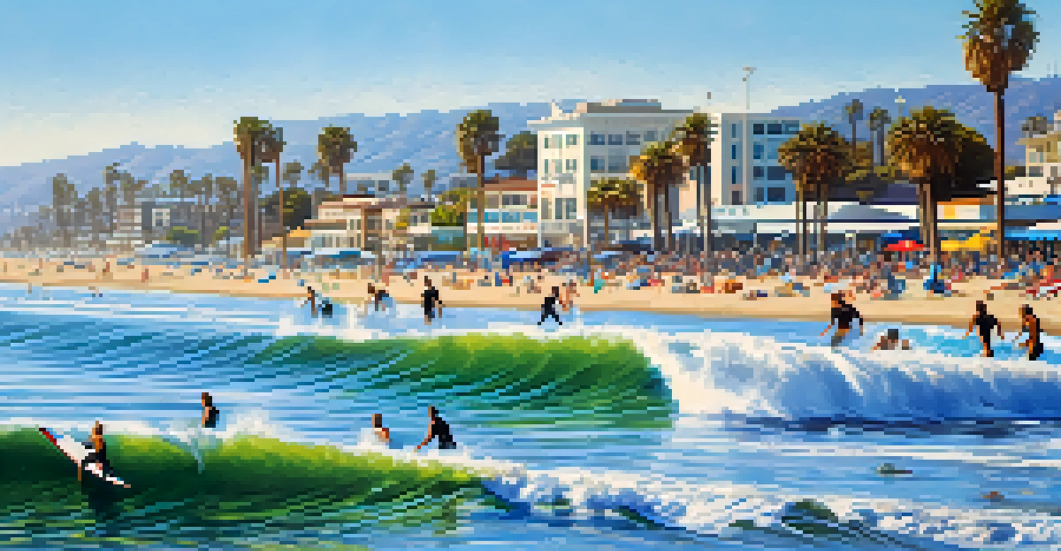 Surfers riding waves at Santa Monica Beach, with a clear blue sky and beachgoers enjoying various activities in the background.