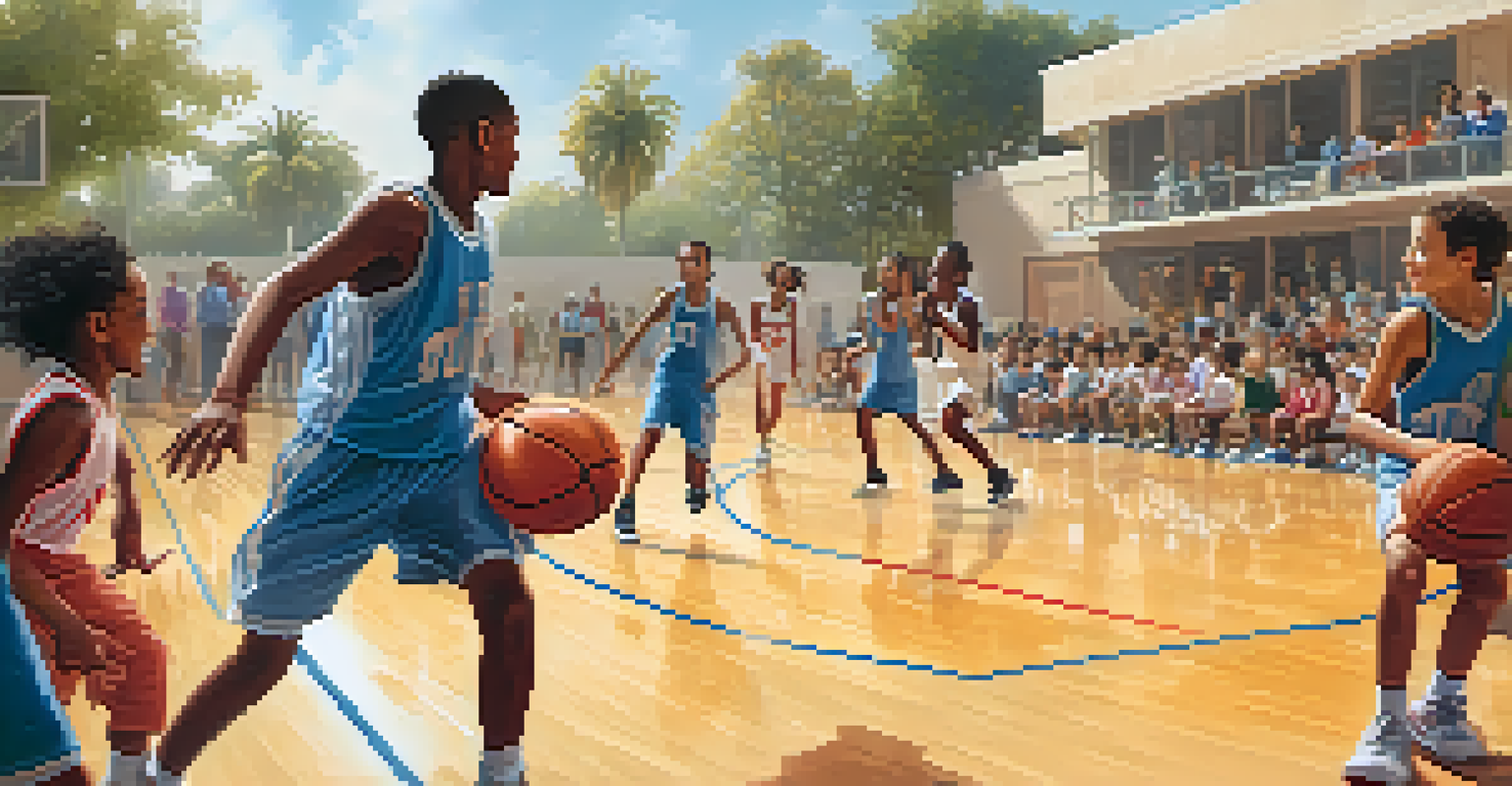 Children playing basketball at a community center, with players dribbling the ball and parents cheering.