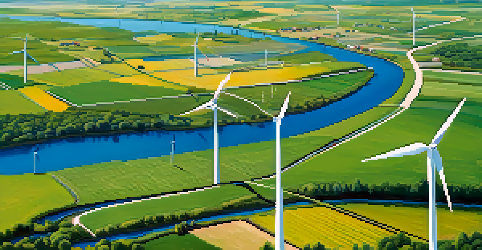 Aerial view of a community wind farm with people attending an educational workshop at the base of a wind turbine.
