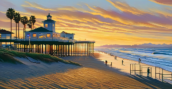 A panoramic view of Santa Monica's beach at sunset, with people enjoying the scenery and palm trees silhouetted against a colorful sky.