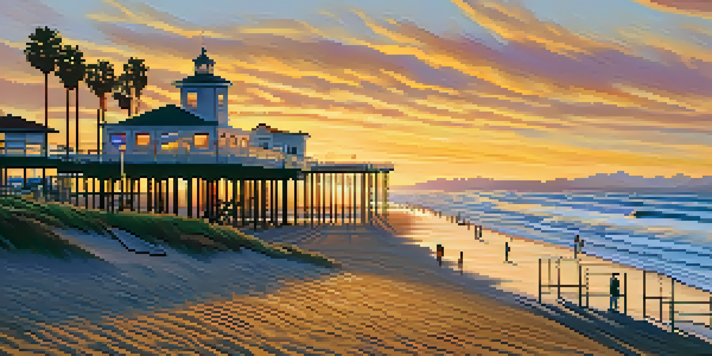 A panoramic view of Santa Monica's beach at sunset, with people enjoying the scenery and palm trees silhouetted against a colorful sky.