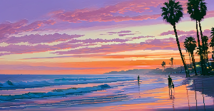 A picturesque sunset at Santa Monica beach with crashing waves and silhouetted palm trees, where artists are seen creating art inspired by the view.