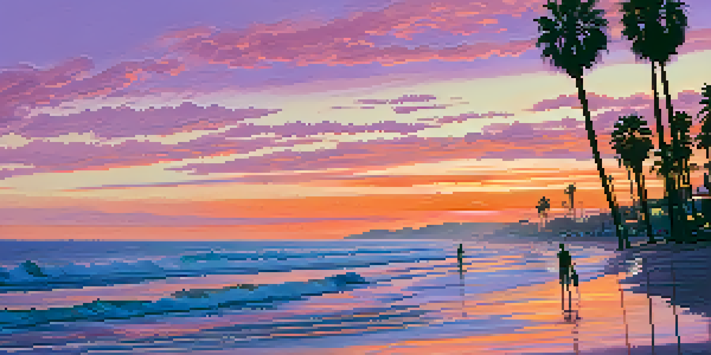 A picturesque sunset at Santa Monica beach with crashing waves and silhouetted palm trees, where artists are seen creating art inspired by the view.