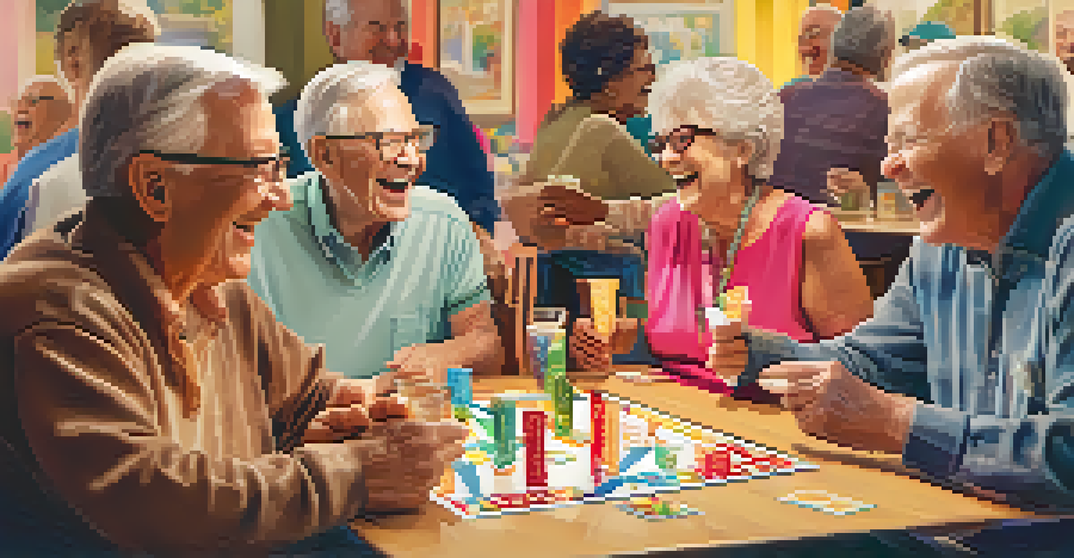 Seniors playing board games and socializing at a community center, filled with laughter and snacks.