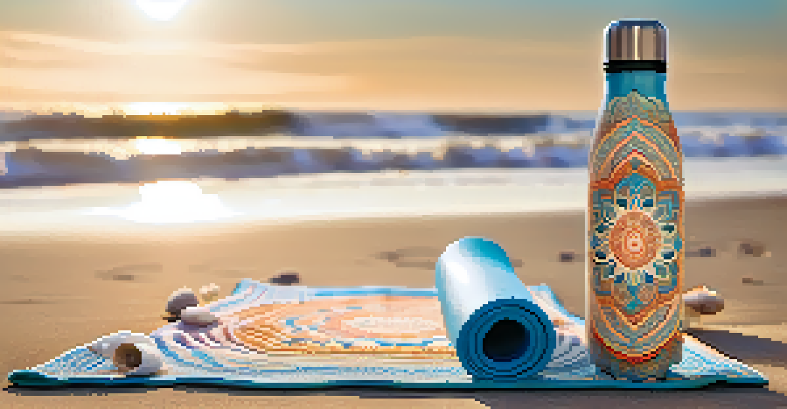 A close-up of a yoga mat with a mandala design on the beach, accompanied by a reusable water bottle and a view of the ocean in the background.