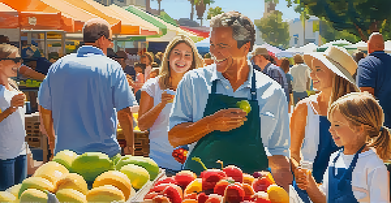 A family at a farmers market, with children tasting fresh produce and engaging in a cooking demonstration under bright sunlight.