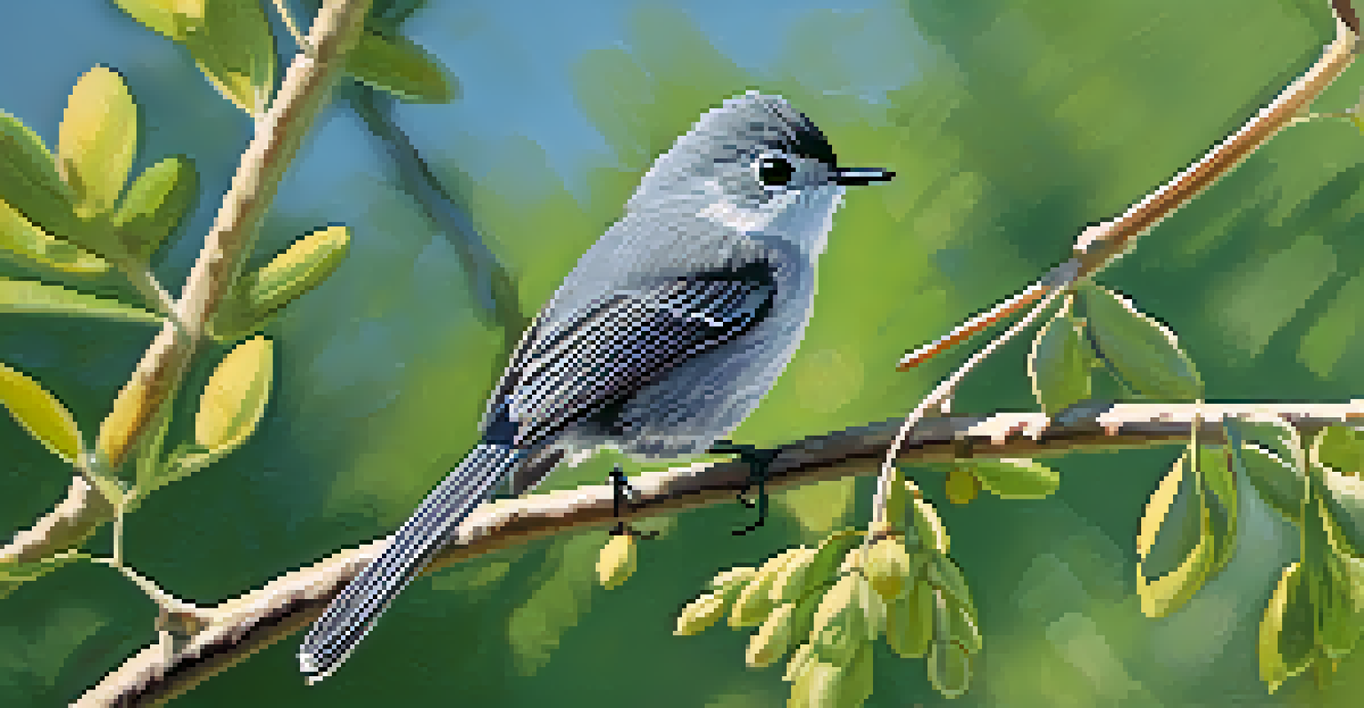 Close-up of a California gnatcatcher on a branch with soft sunlight filtering through the leaves.