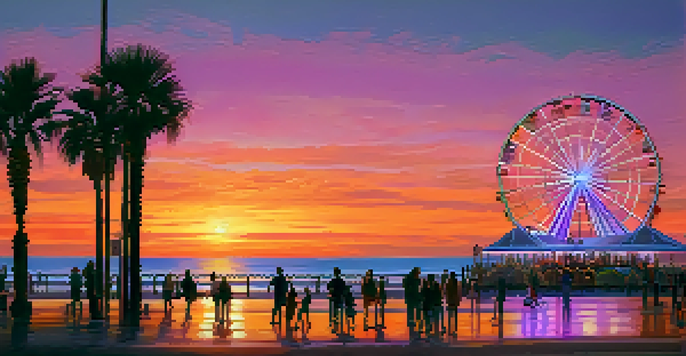 A scenic sunset view from Santa Monica Pier with a colorful Ferris wheel and silhouettes of palm trees.