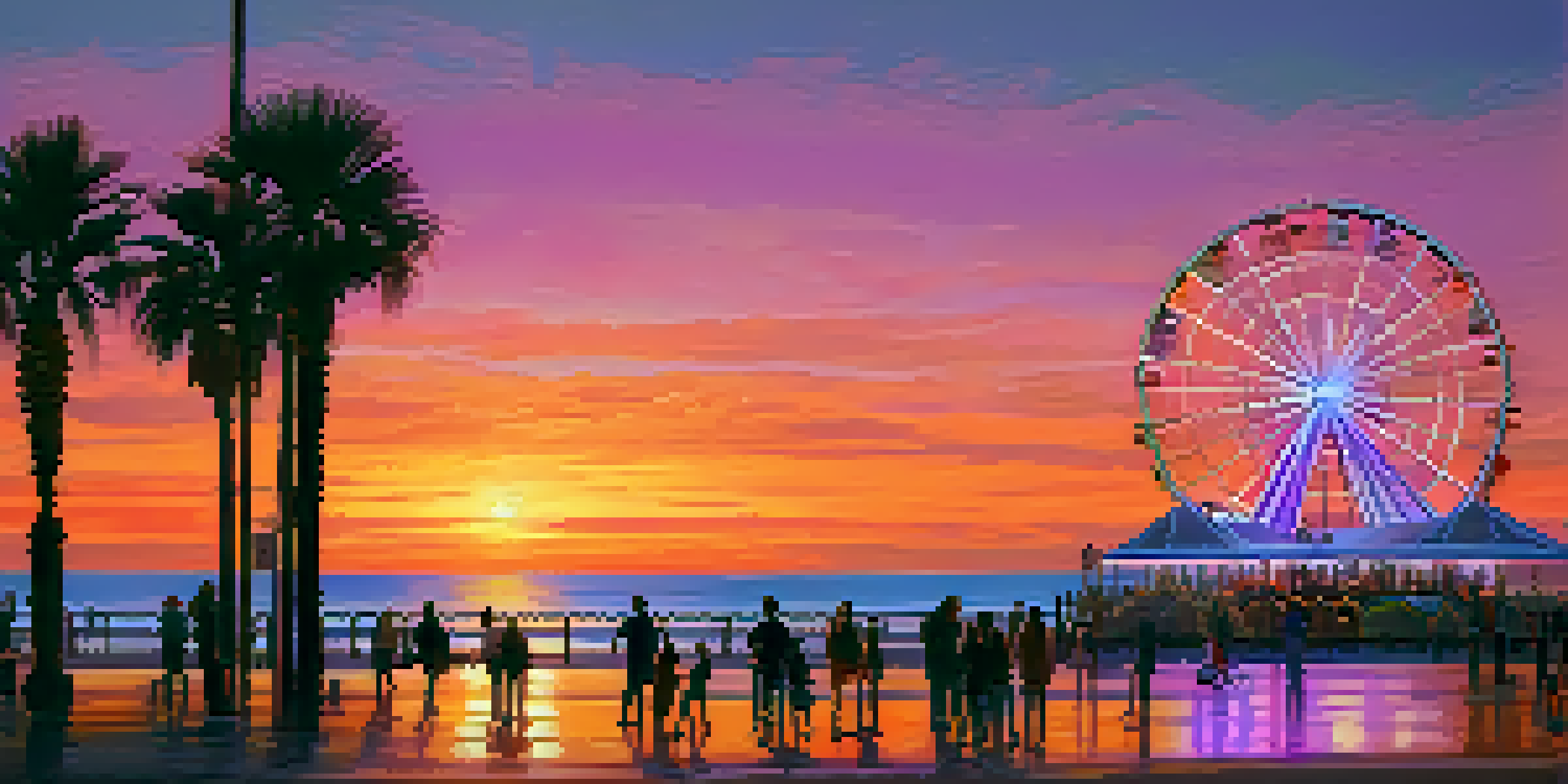 A scenic sunset view from Santa Monica Pier with a colorful Ferris wheel and silhouettes of palm trees.