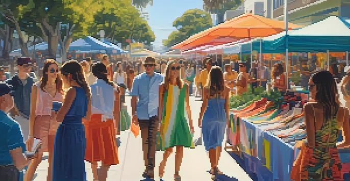 A lively outdoor market featuring local fashion designers with colorful garments on display and shoppers interacting in a sunny Santa Monica setting.