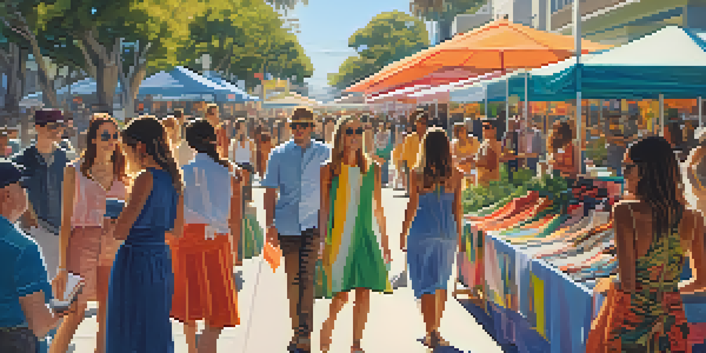 A lively outdoor market featuring local fashion designers with colorful garments on display and shoppers interacting in a sunny Santa Monica setting.