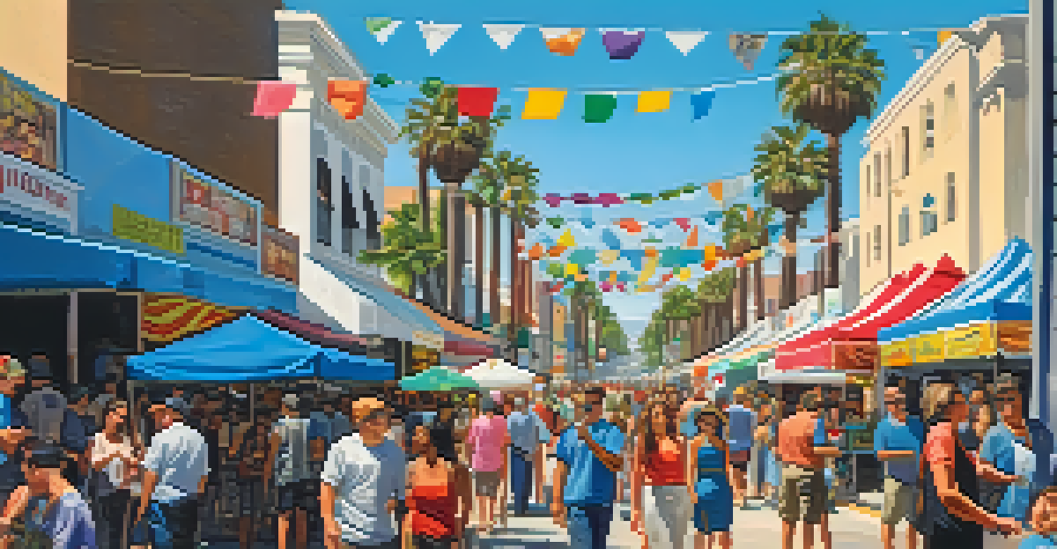 A lively street festival in Santa Monica with diverse people, food stalls, and colorful decorations.