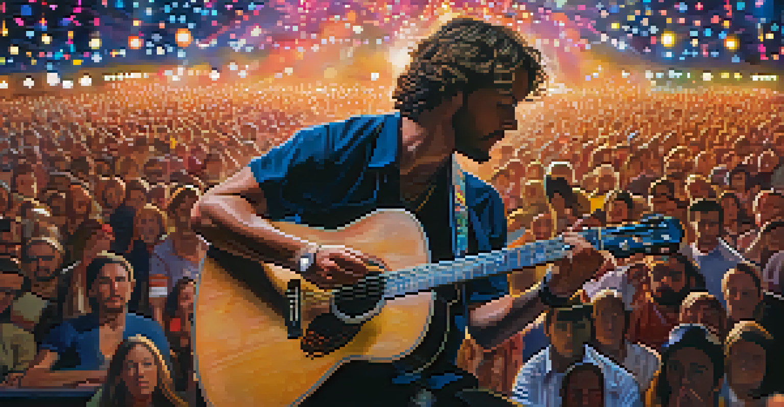 Close-up of a musician performing on stage at a music festival, with colorful lights and an engaged audience.