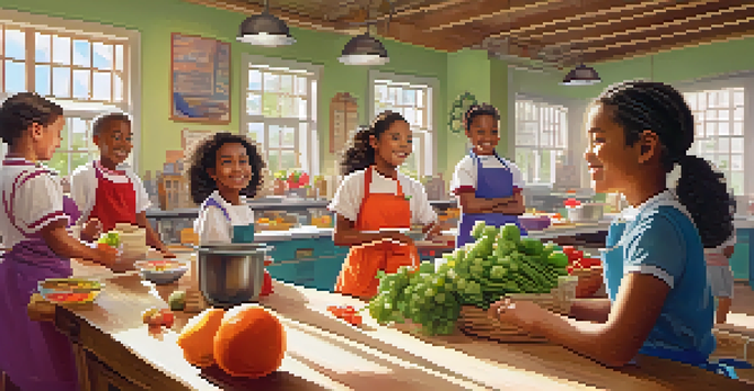 A lively classroom with children in colorful aprons learning to cook with fresh ingredients, under the guidance of a smiling teacher.