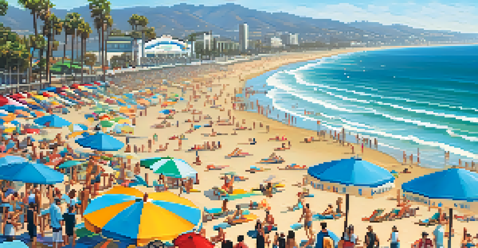 Aerial view of Santa Monica Beach filled with tourists, colorful umbrellas, and the Santa Monica Pier in the background.