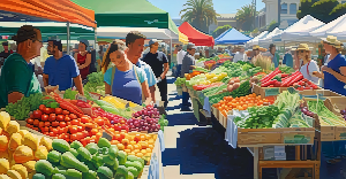 A busy farmers market in Santa Monica with local farmers selling fresh produce under green canopies.