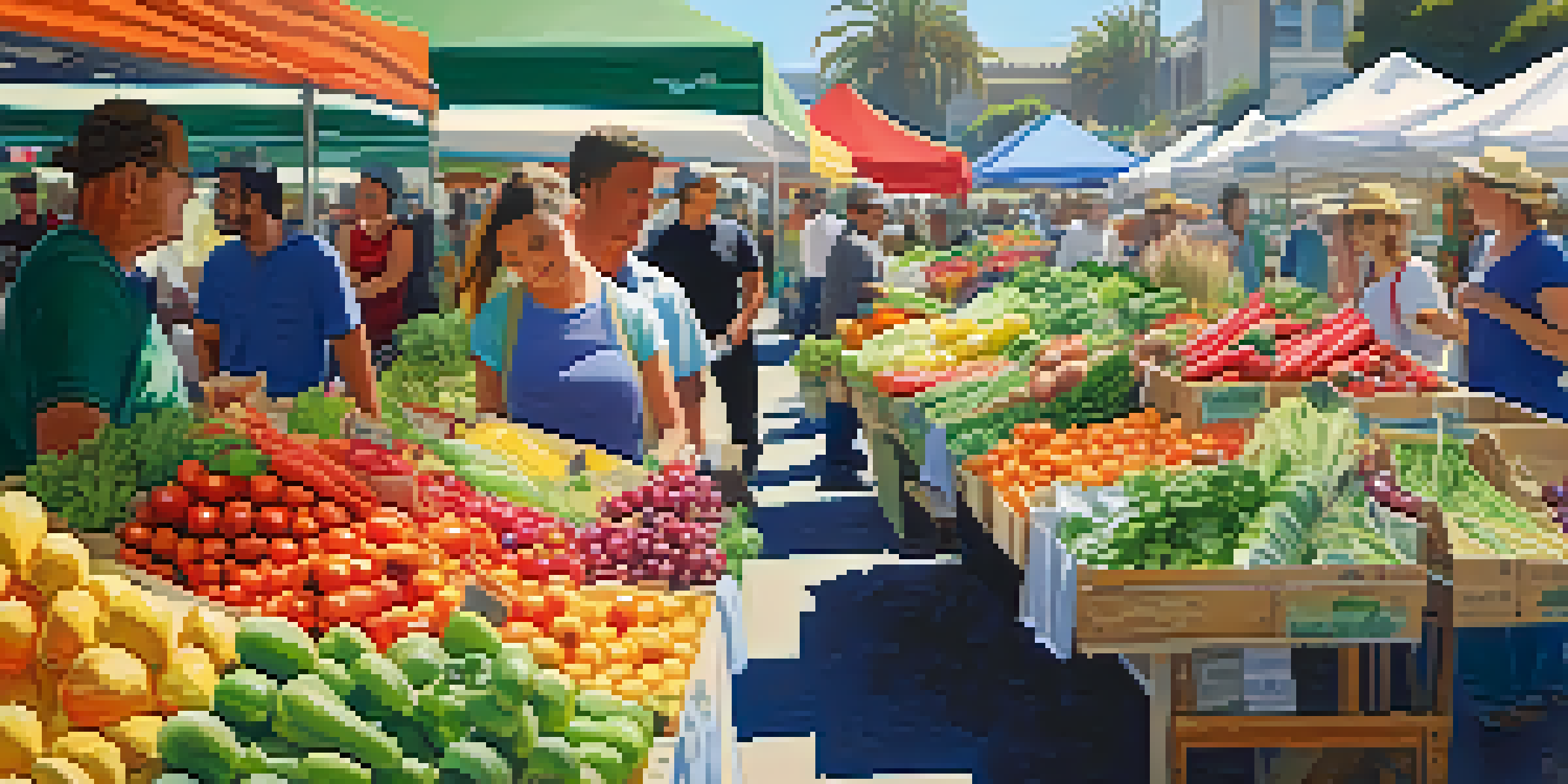 A busy farmers market in Santa Monica with local farmers selling fresh produce under green canopies.