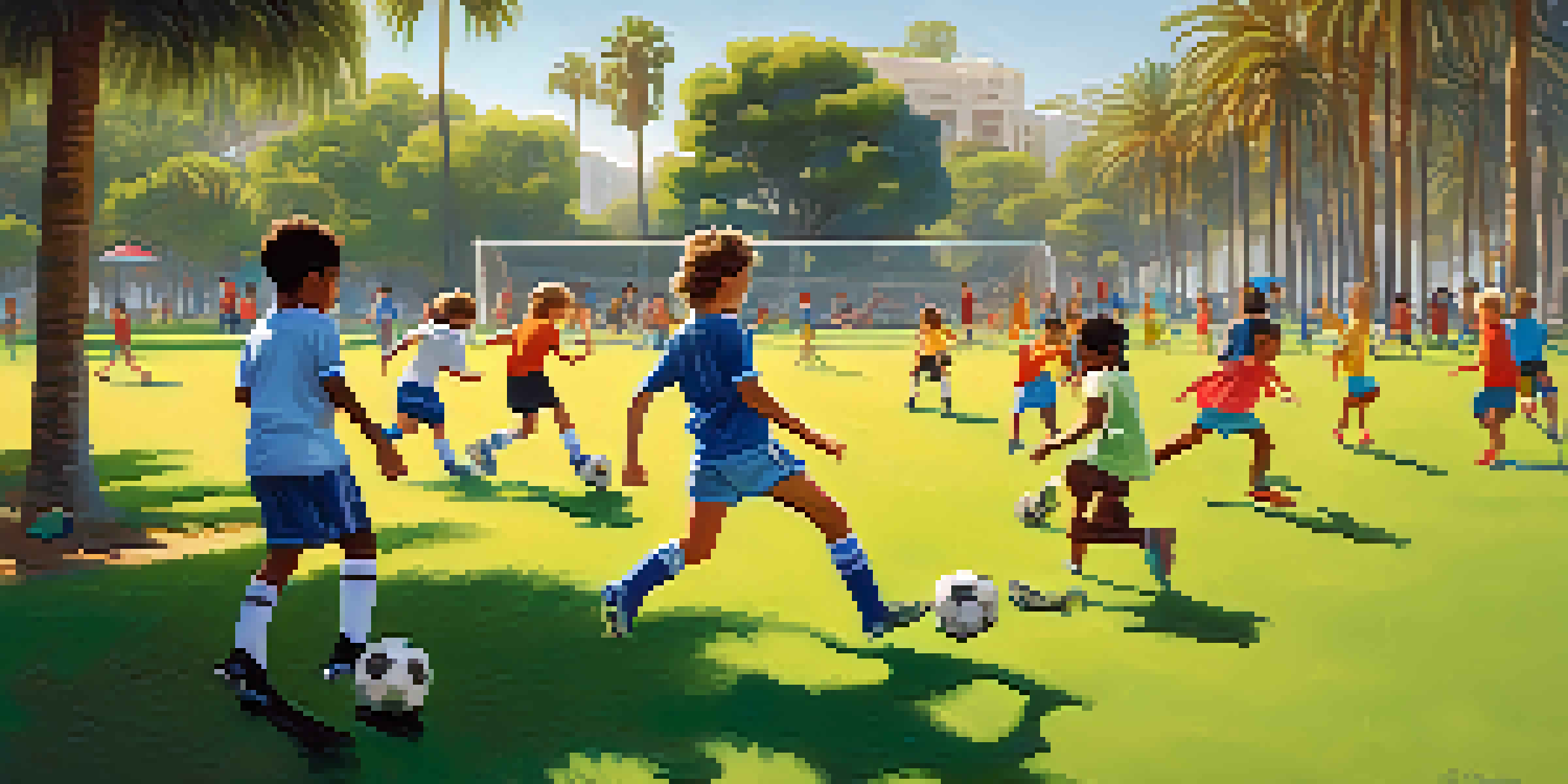 Children of diverse backgrounds playing soccer in a sunny park, with palm trees and a clear blue sky in the background.