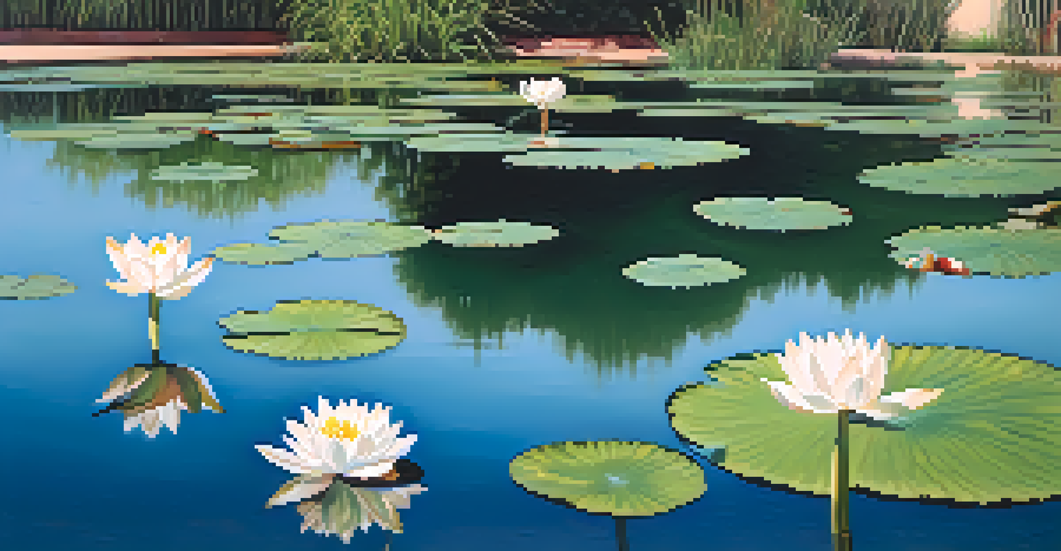 A close-up of a peaceful pond with lotus flowers and reflections of trees and sky.